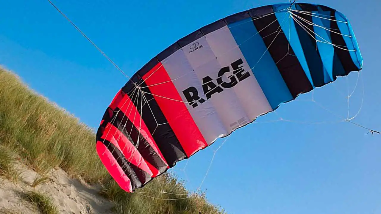 Article image showing a rage power kite in red white and blue