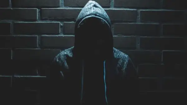 Photo of a potential burglar wearing a dark hoodie stood in front of a brick wall